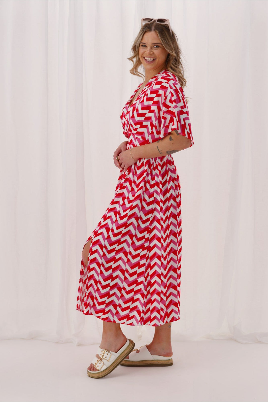 Label Morgan Kimono Dress Red Pink Geo