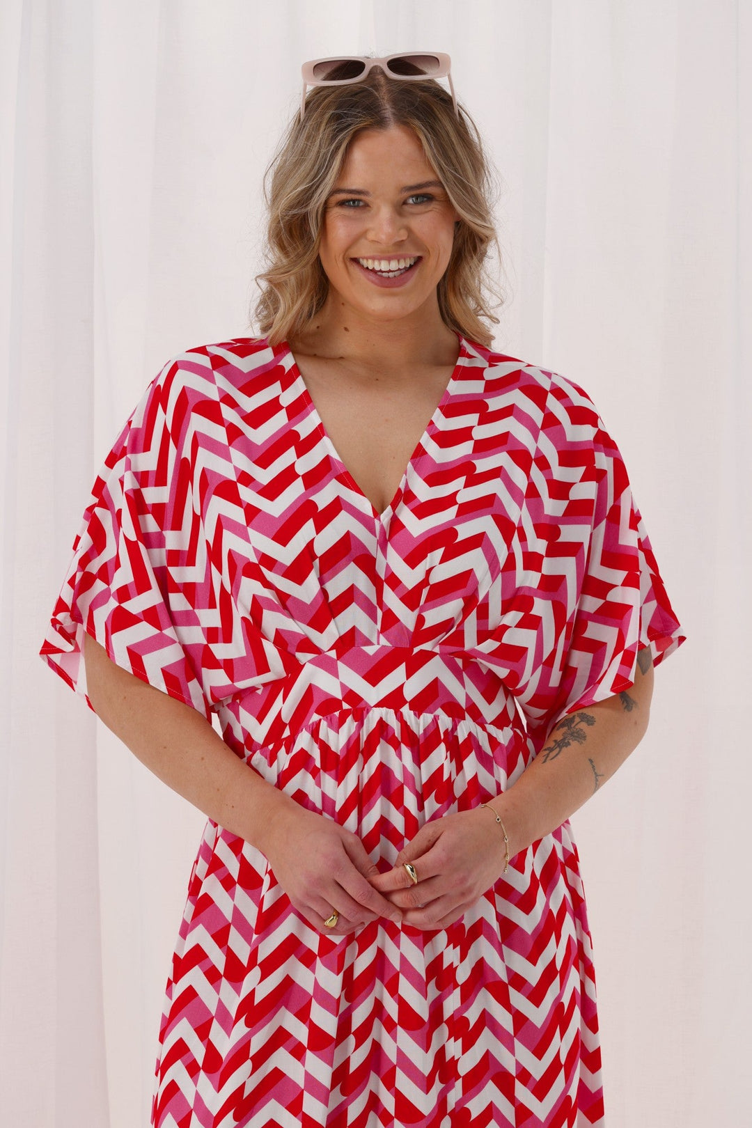 Label Morgan Kimono Dress Red Pink Geo