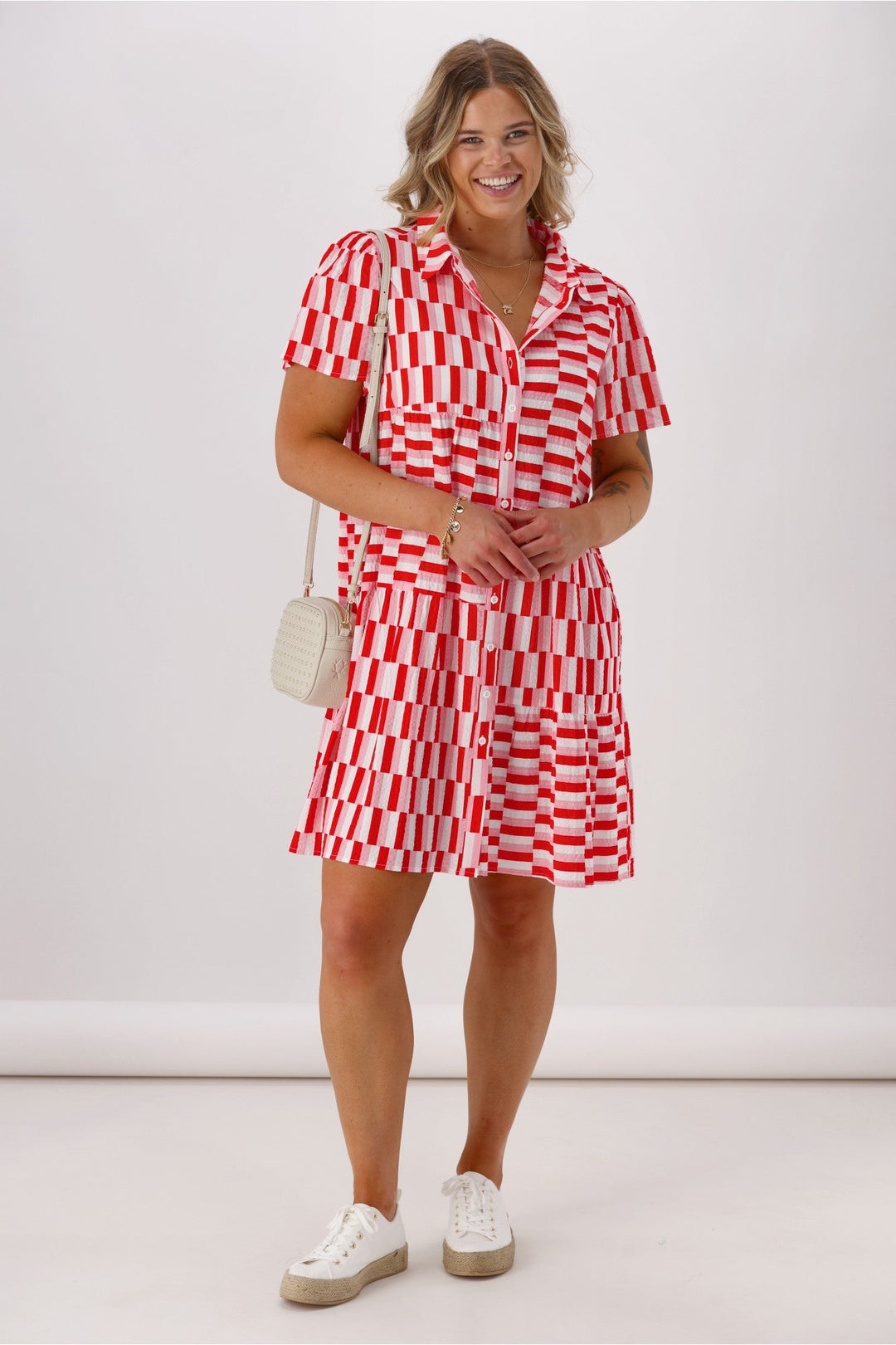 Label  Multi Panel Shirt Dress Pink Red Check