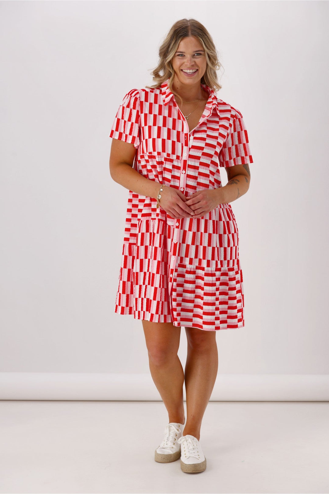 Label  Multi Panel Shirt Dress Pink Red Check