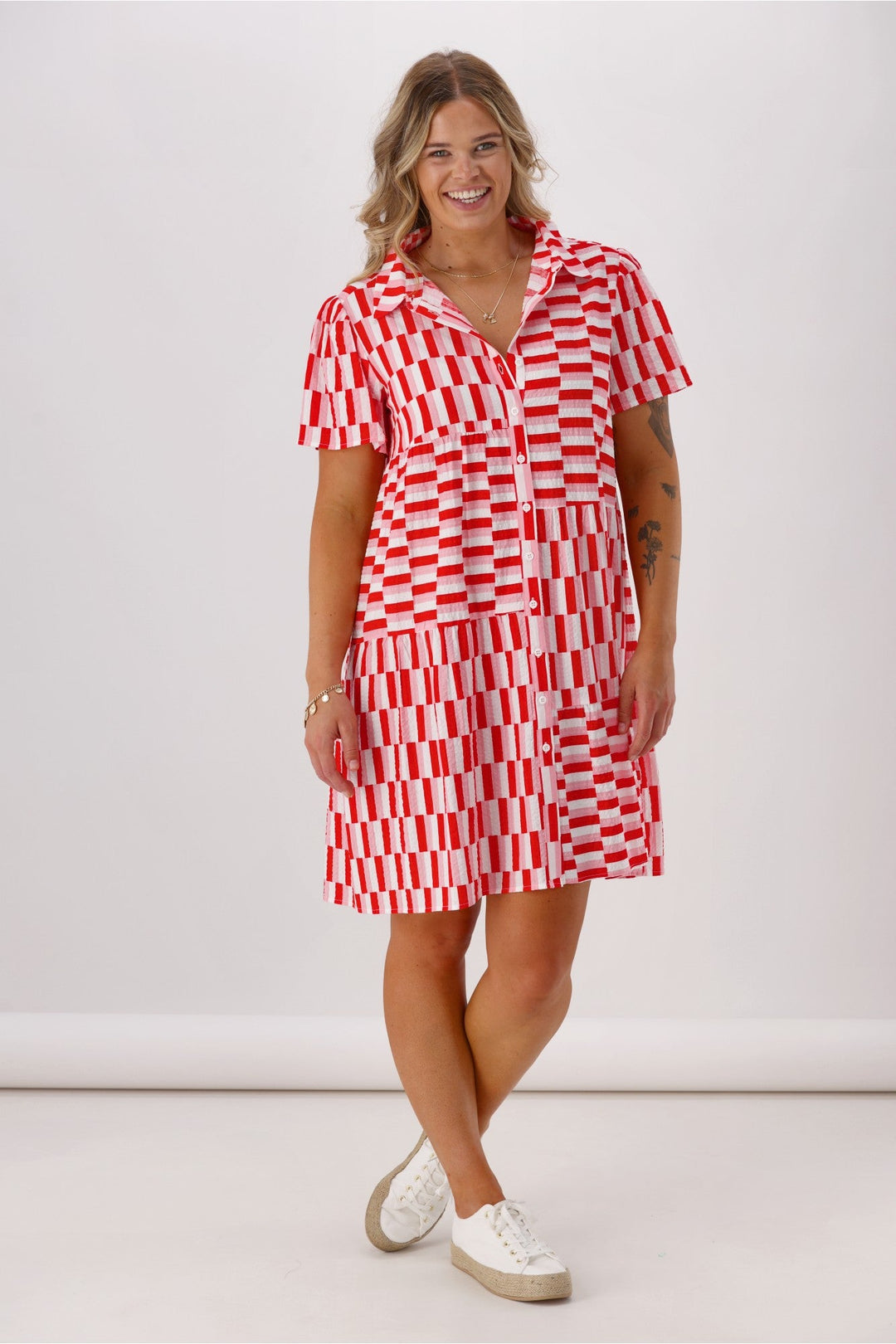 Label  Multi Panel Shirt Dress Pink Red Check
