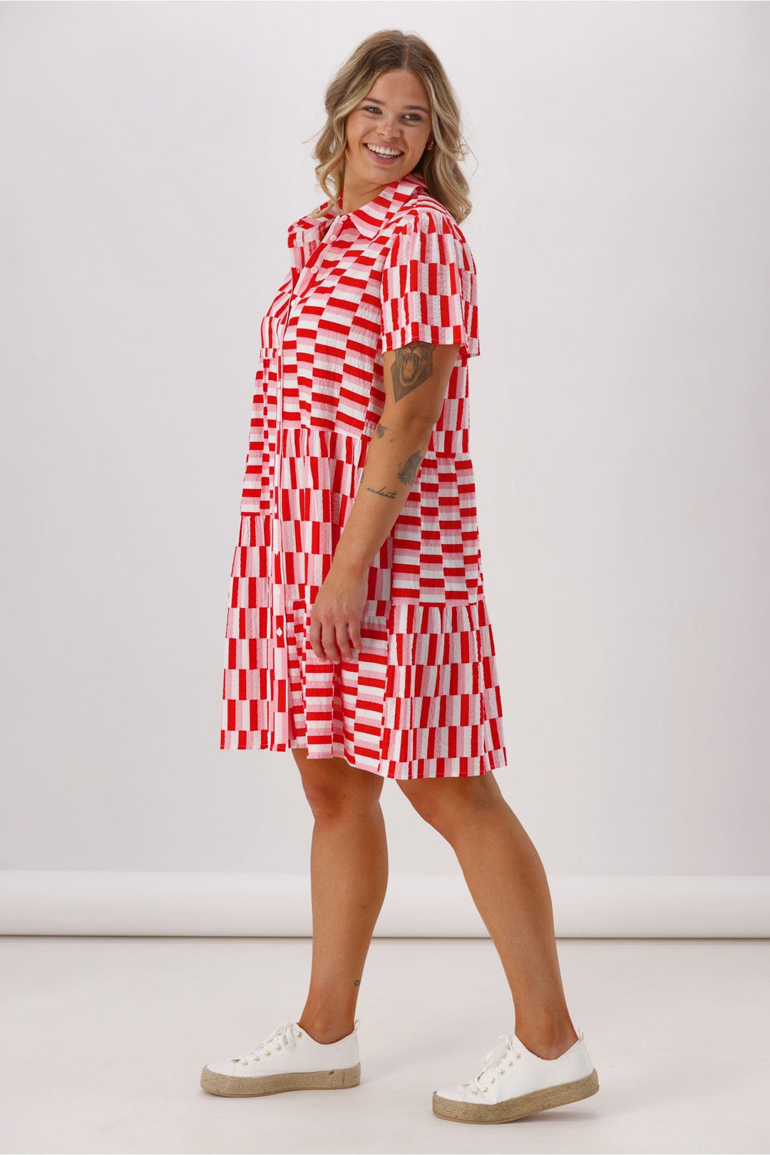 Label  Multi Panel Shirt Dress Pink Red Check