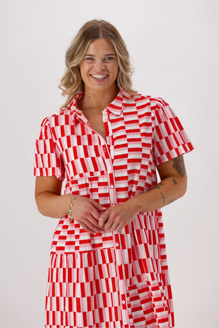Label  Multi Panel Shirt Dress Pink Red Check