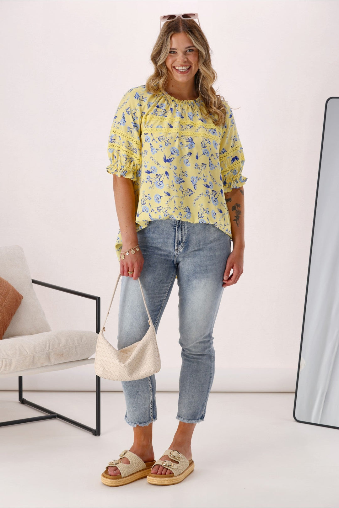Label Orriella Top Yellow Blue Floral