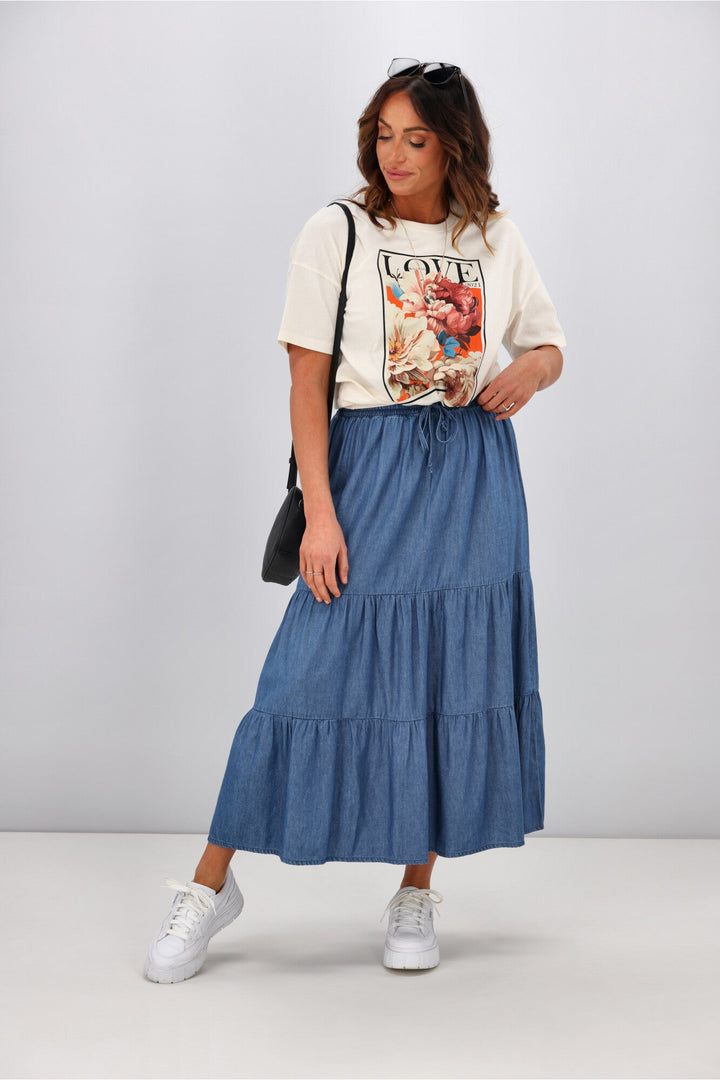 Label Polly Chambray Tiered Midi Skirt Blue