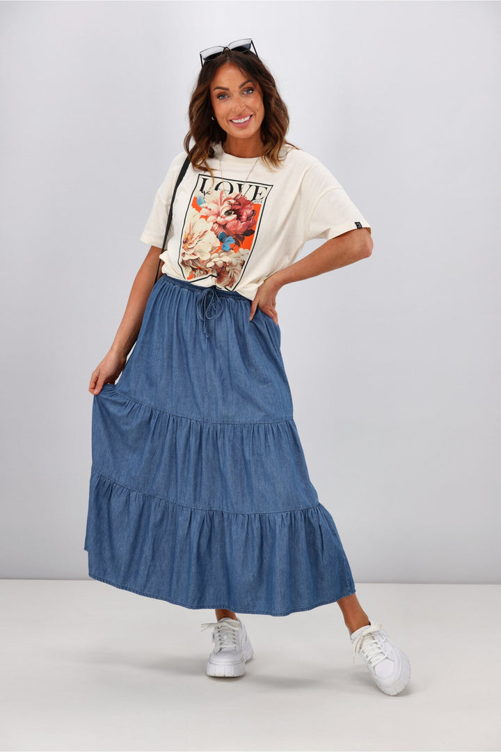 Label Polly Chambray Tiered Midi Skirt Blue