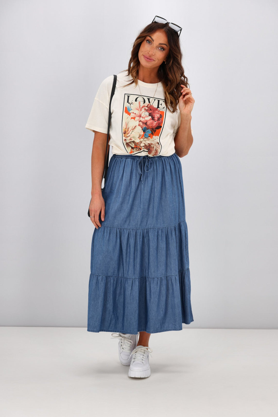 Label Polly Chambray Tiered Midi Skirt Blue