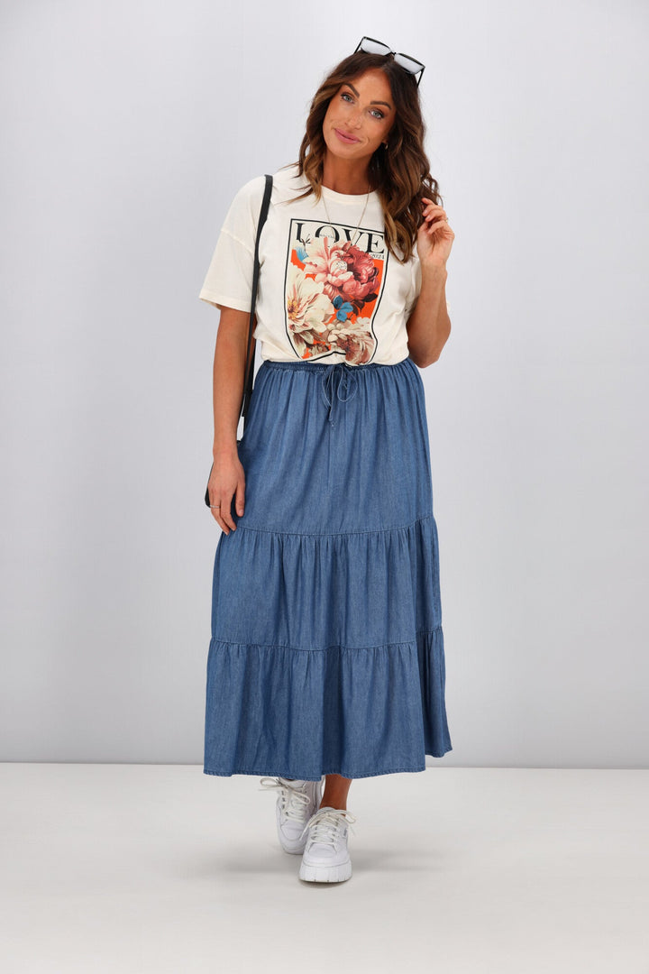 Label Polly Chambray Tiered Midi Skirt Blue