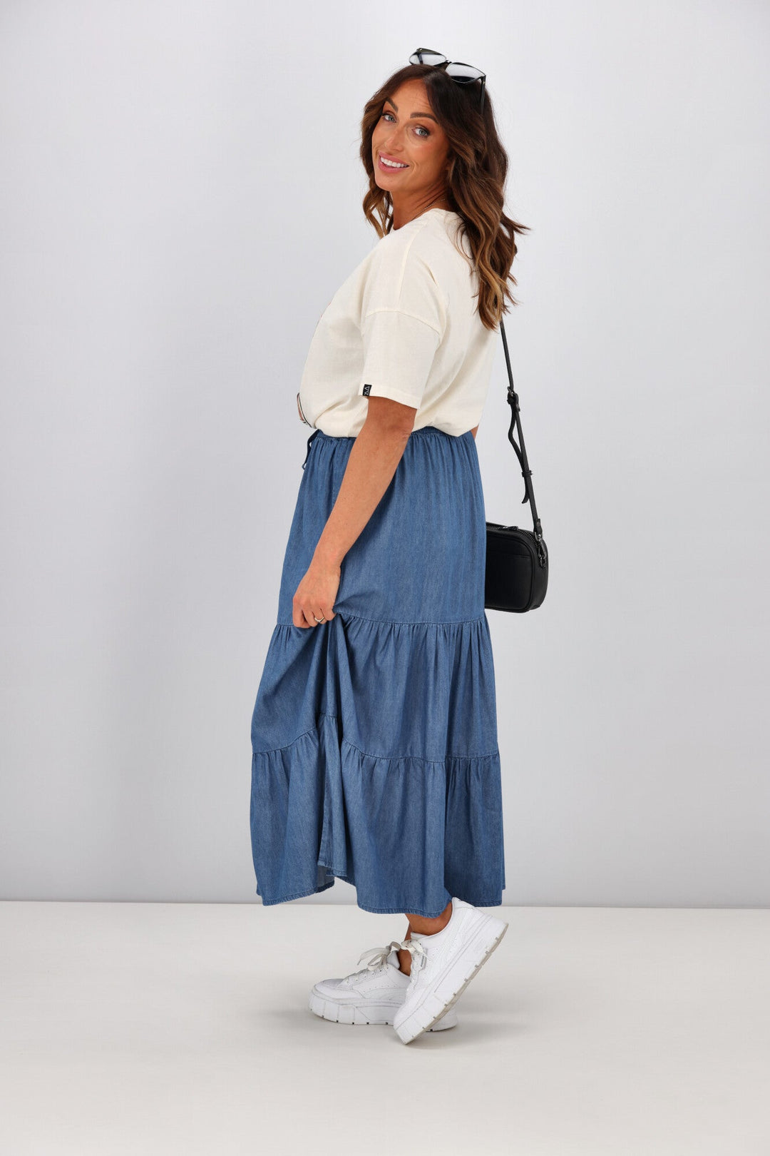 Label Polly Chambray Tiered Midi Skirt Blue