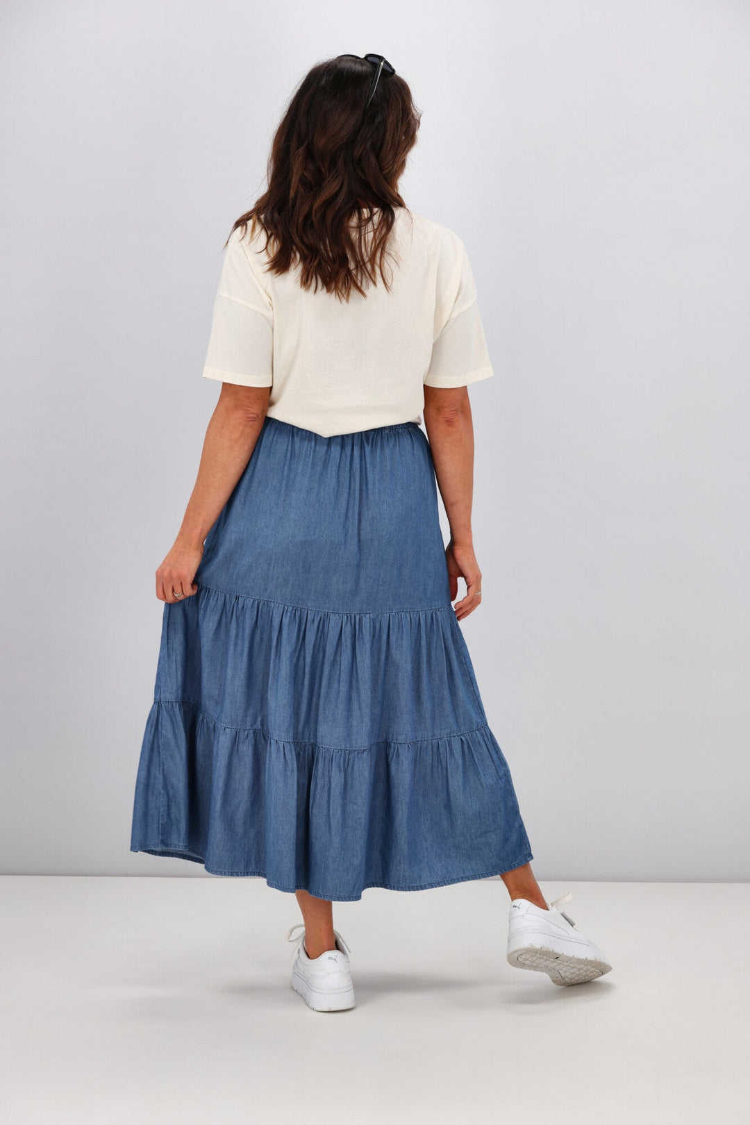 Label Polly Chambray Tiered Midi Skirt Blue