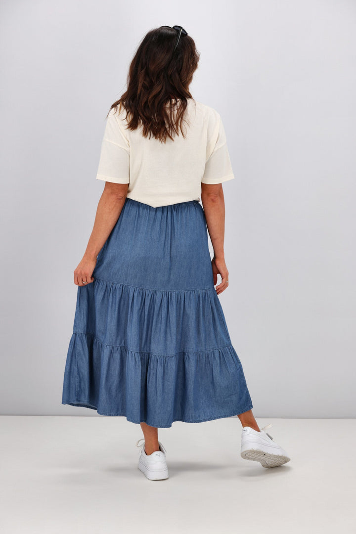 Label Polly Chambray Tiered Midi Skirt Blue