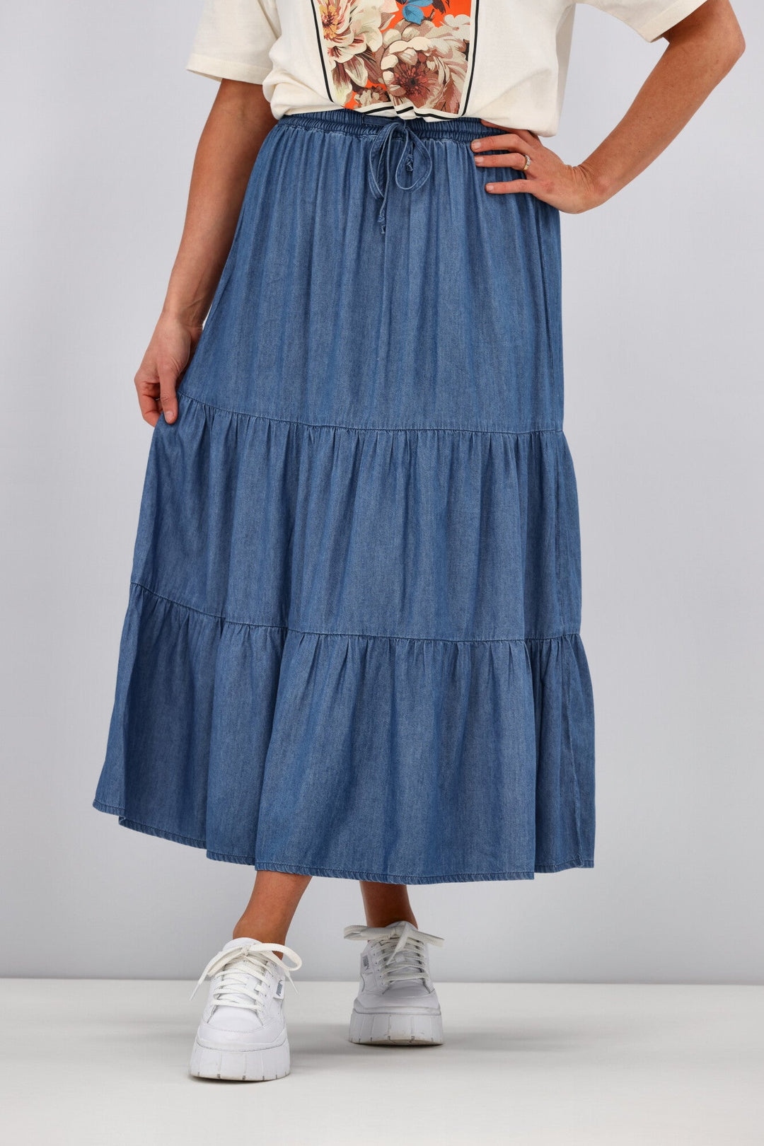 Label Polly Chambray Tiered Midi Skirt Blue