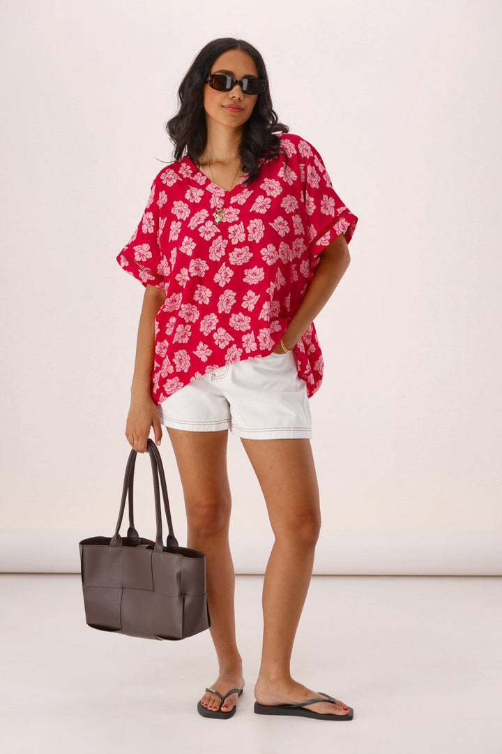 Label Portofino V Neck Top Berry Floral