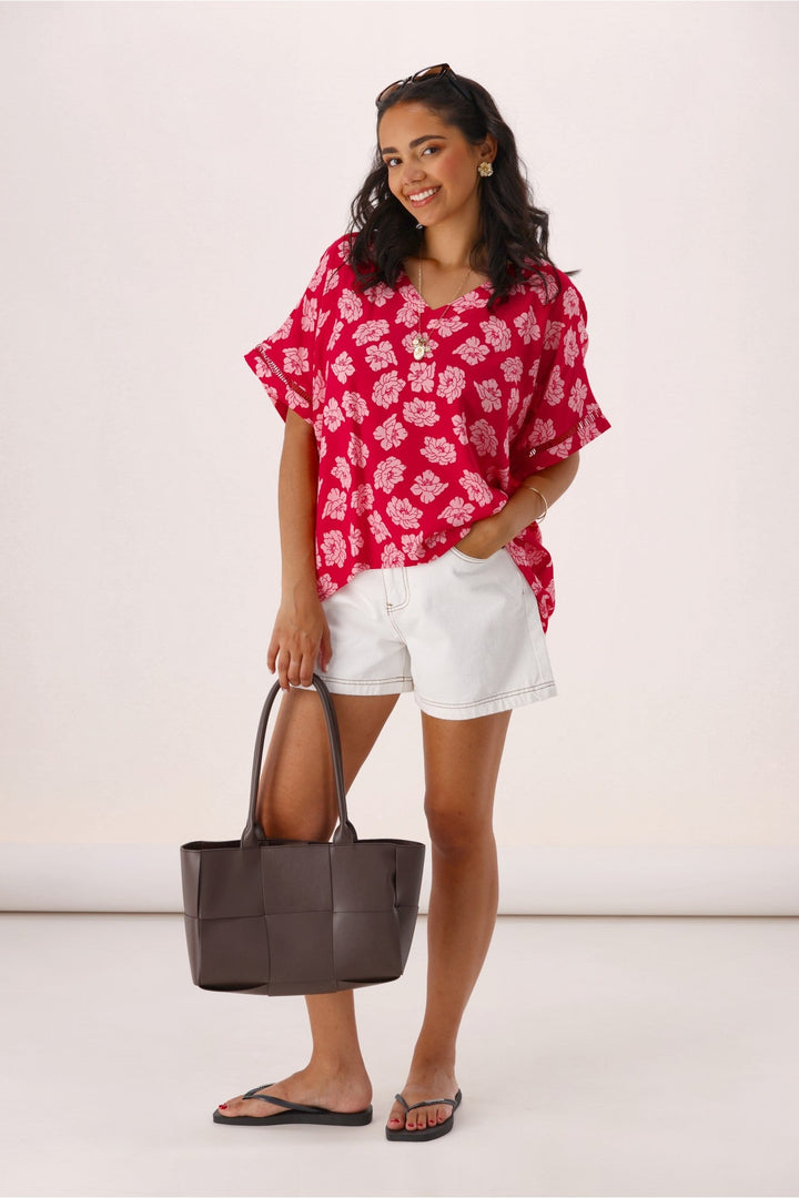 Label Portofino V Neck Top Berry Floral