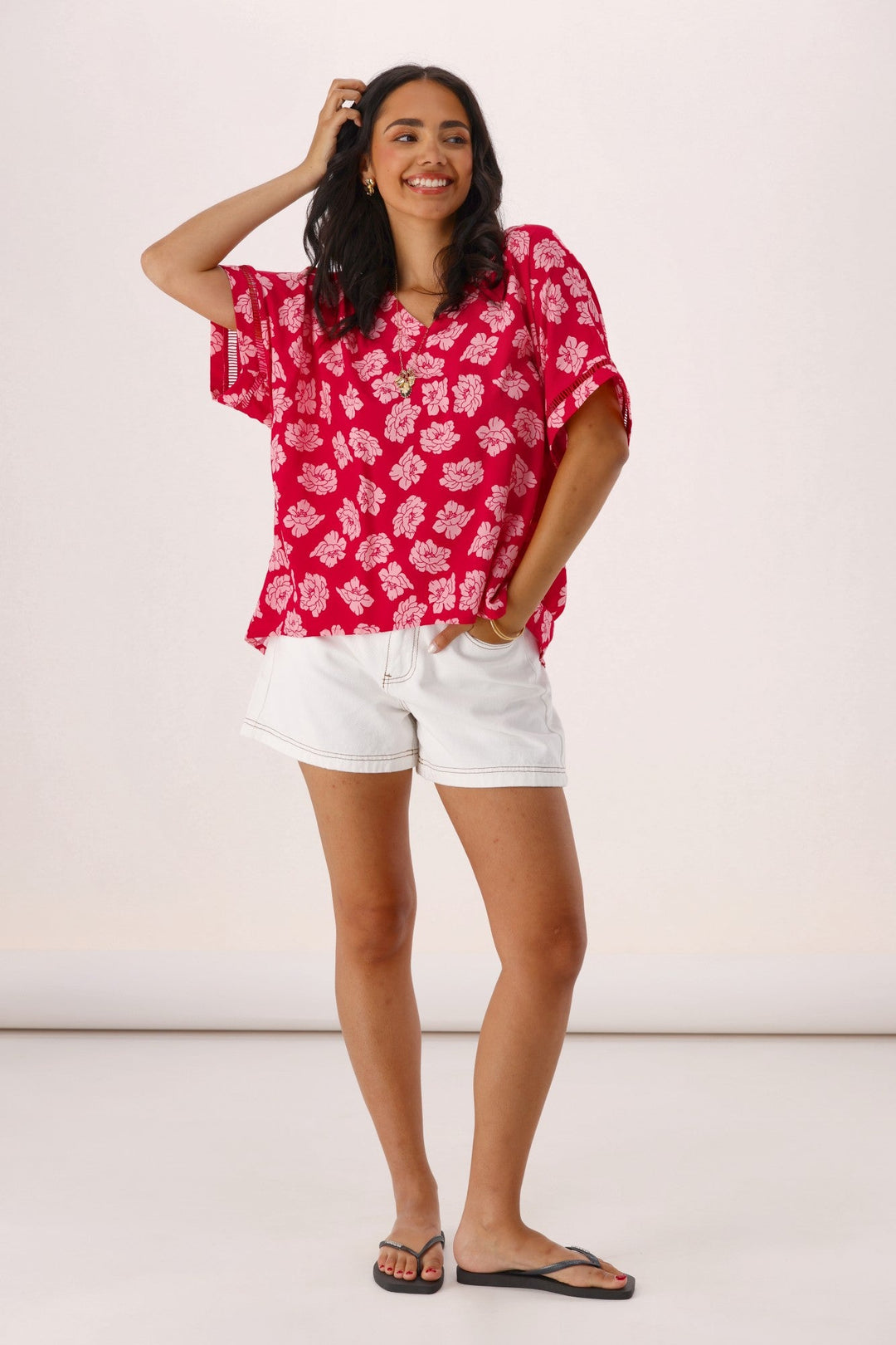 Label Portofino V Neck Top Berry Floral