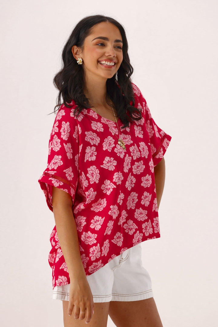 Label Portofino V Neck Top Berry Floral