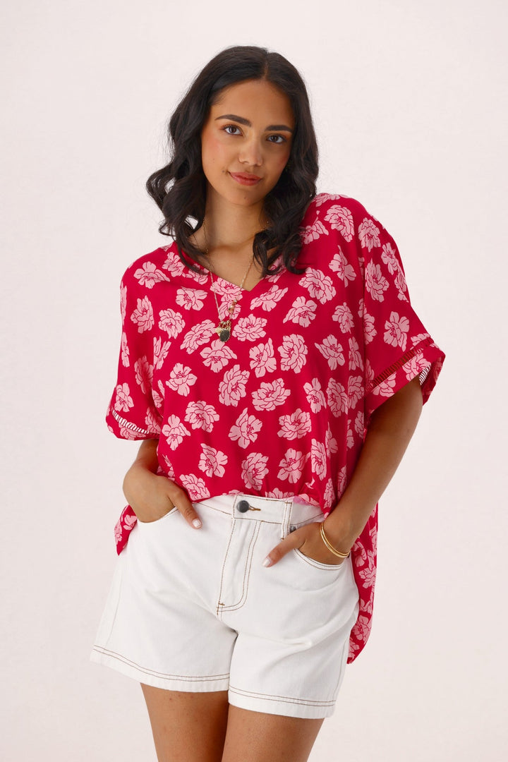 Label Portofino V Neck Top Berry Floral