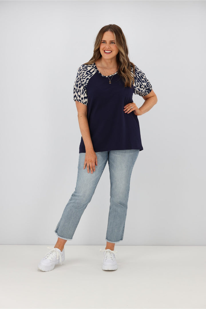 Label Sariah Animal print Puff Sleeve Top Midnight