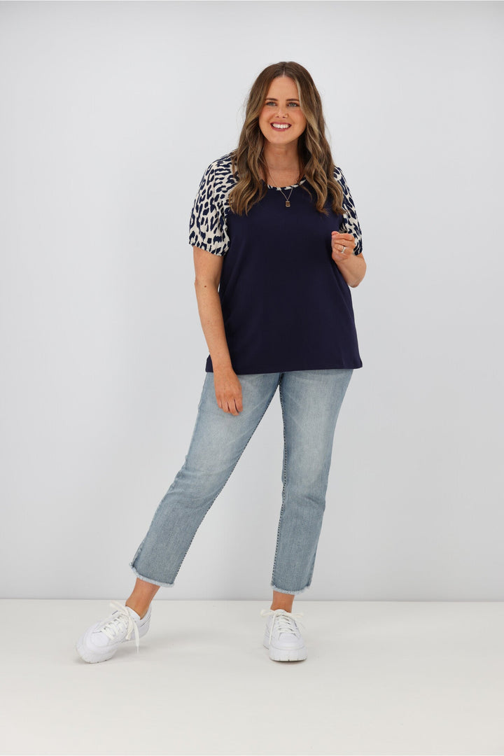 Label Sariah Animal print Puff Sleeve Top Midnight