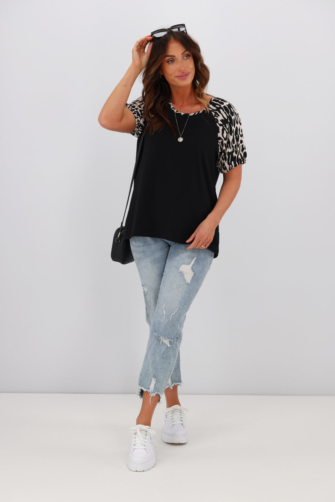 Label Sariah Animal Print Puff Sleeve Top Black
