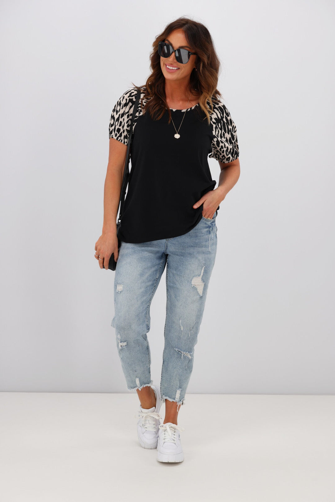 Label Sariah Animal Print Puff Sleeve Top Black