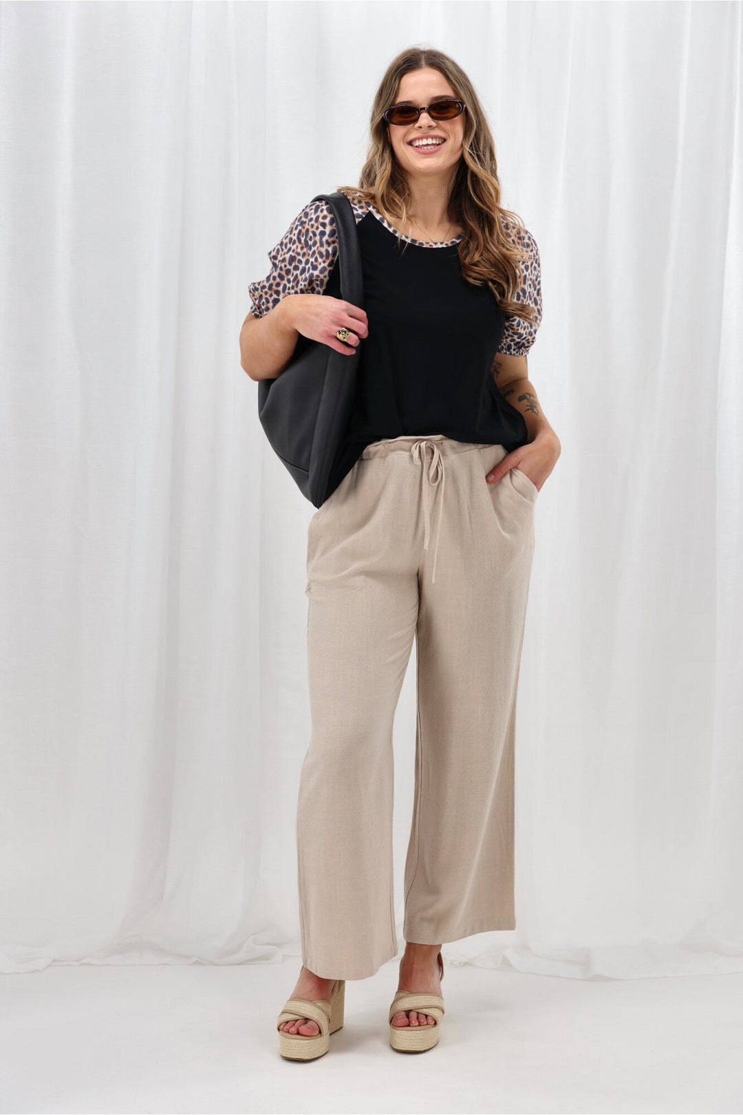 Label Sariah Animal Print Sleeve Top Black