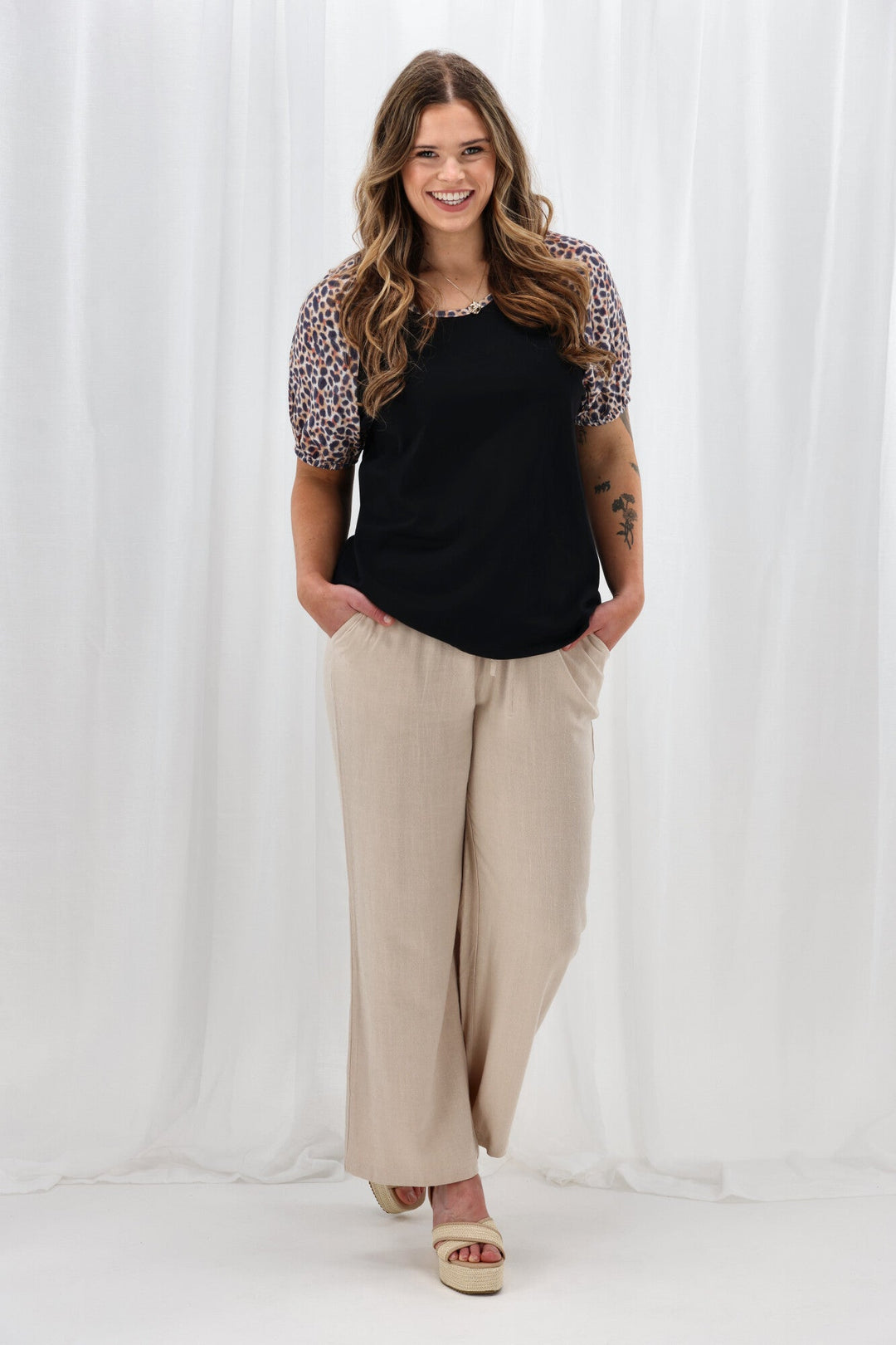 Label Sariah Animal Print Sleeve Top Black