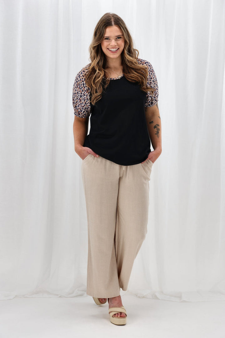 Label Sariah Animal Print Sleeve Top Black