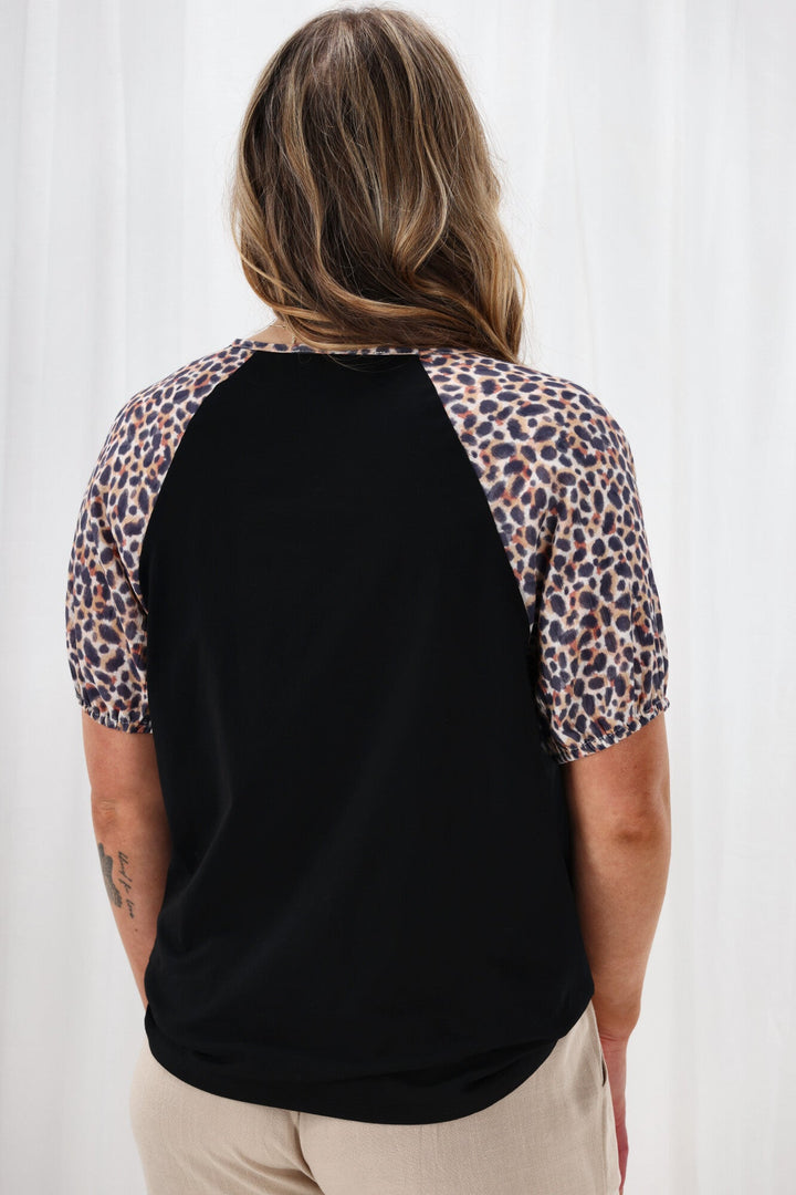 Label Sariah Animal Print Sleeve Top Black