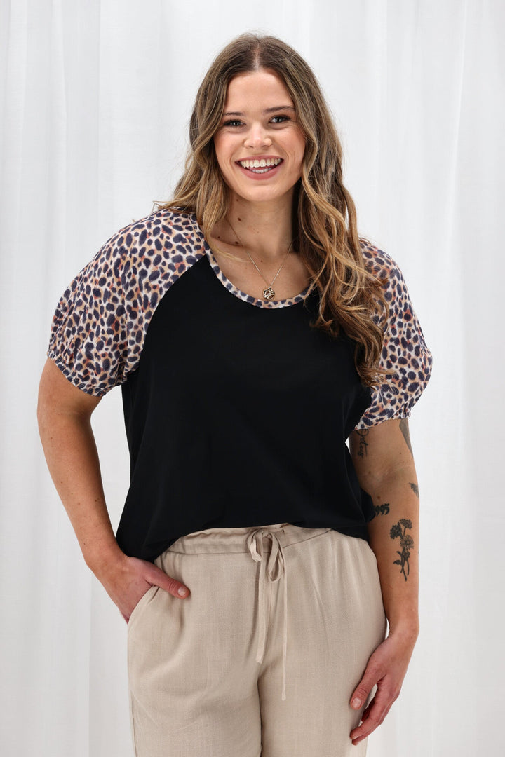 Label Sariah Animal Print Sleeve Top Black