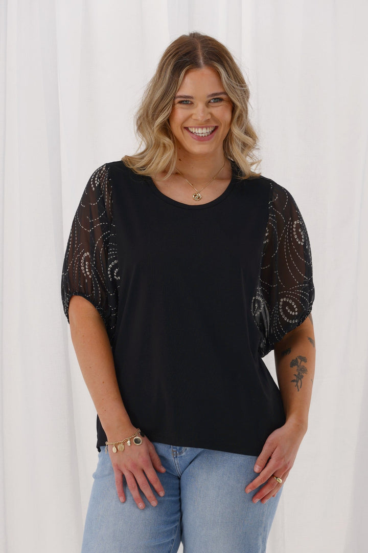 Label Selma Woven Sleeve Top Black Spiral Geo Print