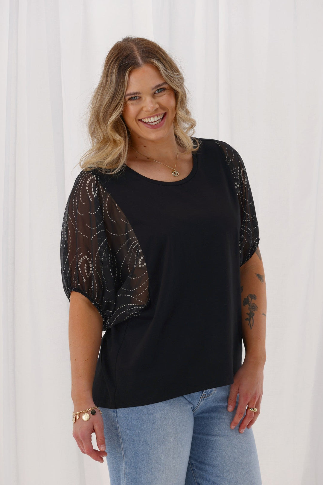 Label Selma Woven Sleeve Top Black Spiral Geo Print