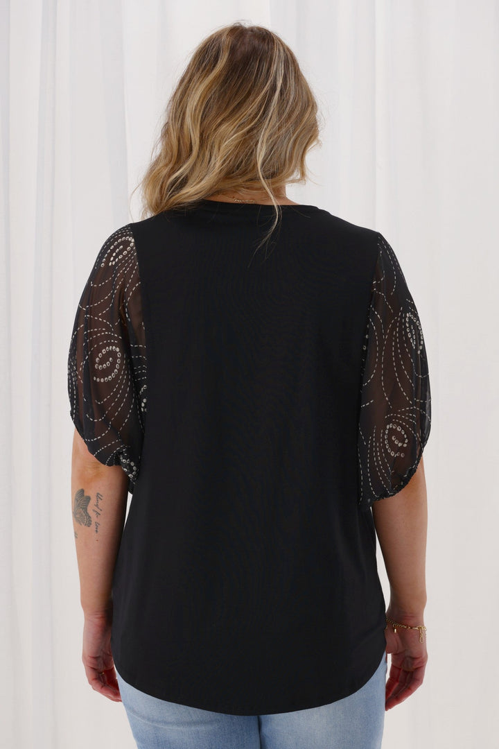 Label Selma Woven Sleeve Top Black Spiral Geo Print