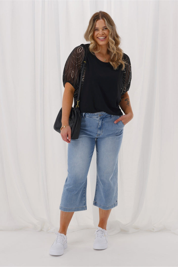 Label Selma Woven Sleeve Top Black Spiral Geo Print