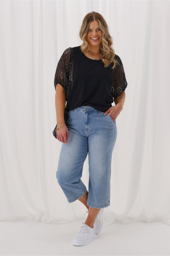 Label Selma Woven Sleeve Top Black Spiral Geo Print