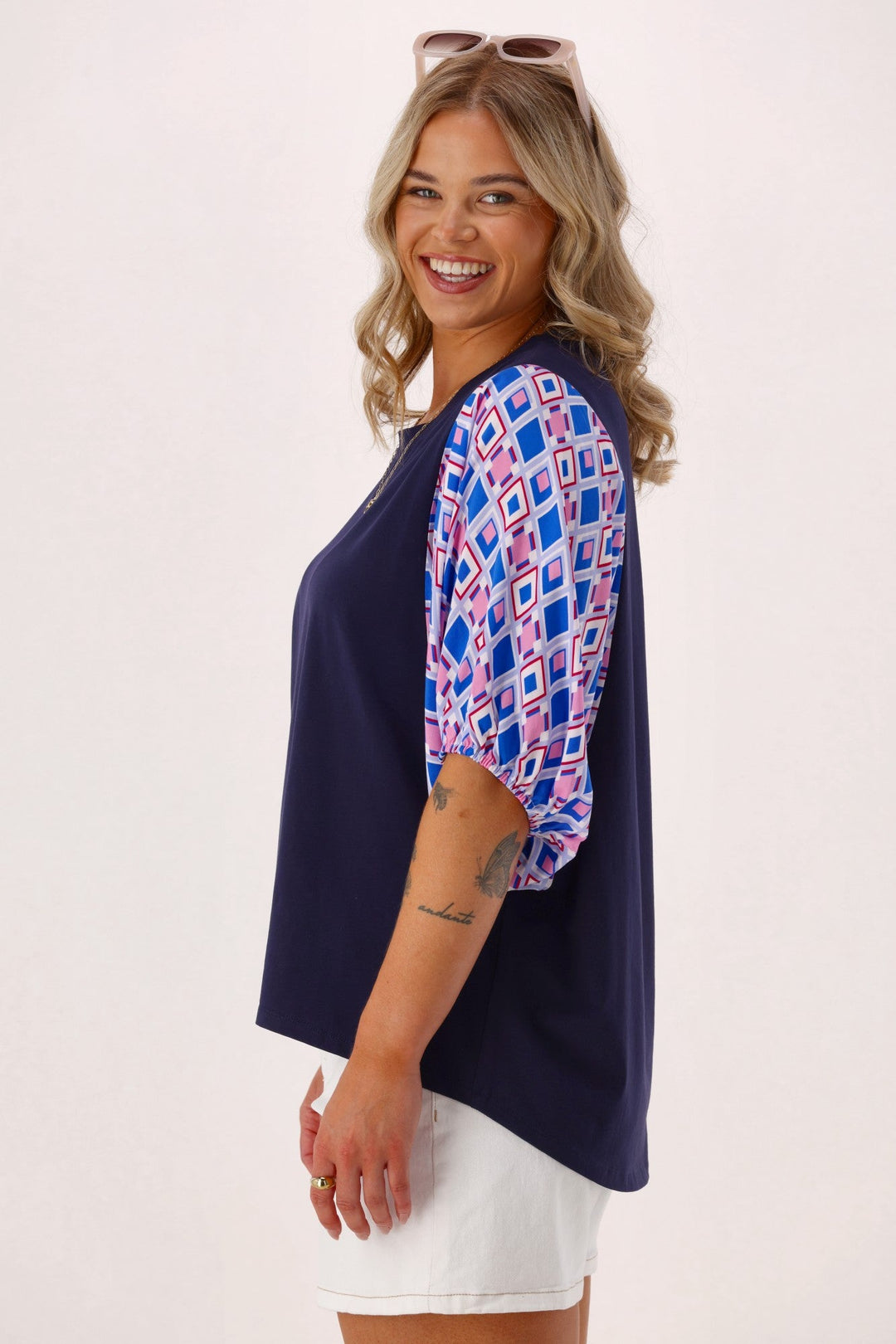 Label Sirocco Contrast Sleeve Top Navy