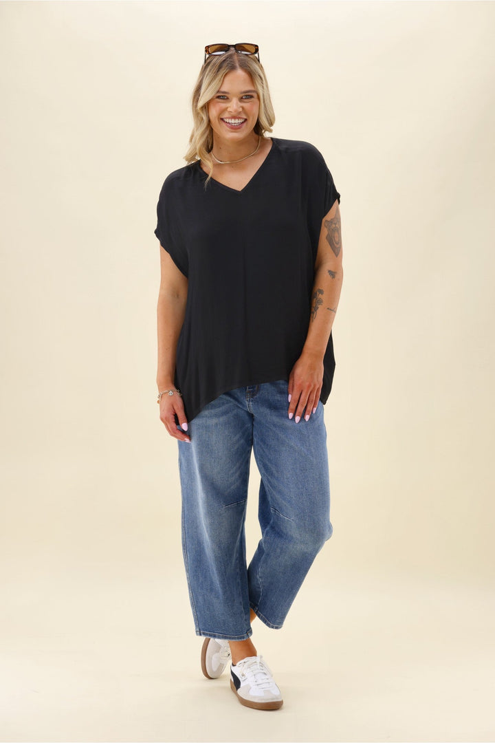 Label Summer Essential Drape V Neck Top Black