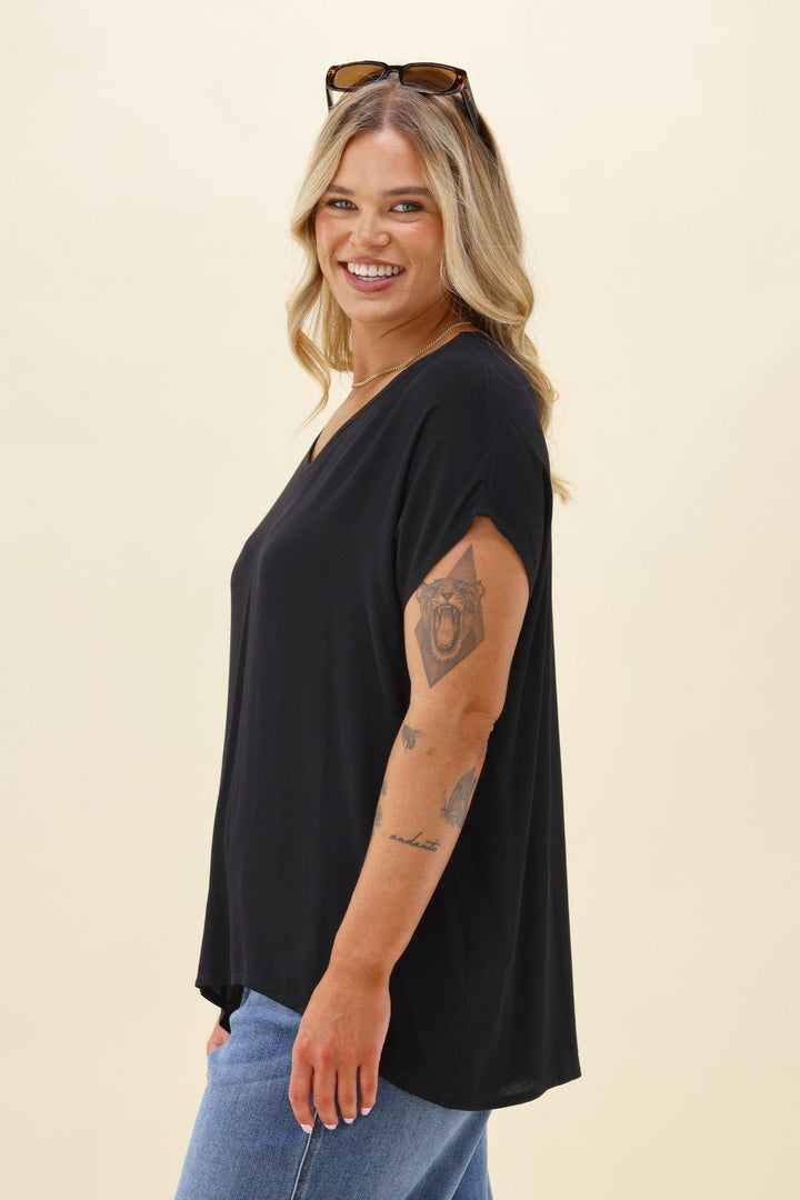 Label Summer Essential Drape V Neck Top Black