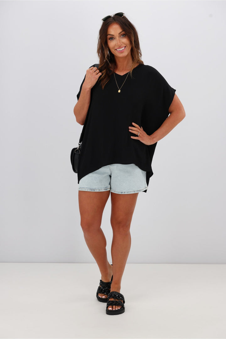 Label Summer Essential Drape V Neck Top Black