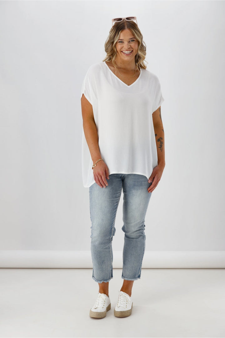 Label Summer Essential Drape V Neck Top White