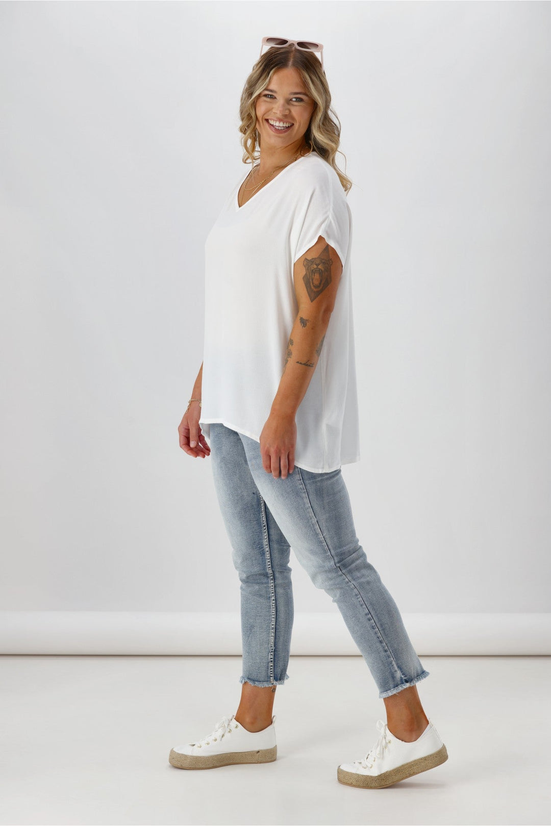 Label Summer Essential Drape V Neck Top White
