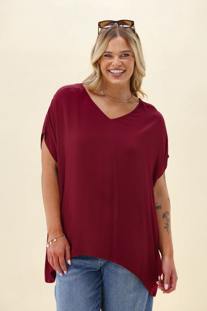 Label Summer Essential Drape V Neck Top Wine