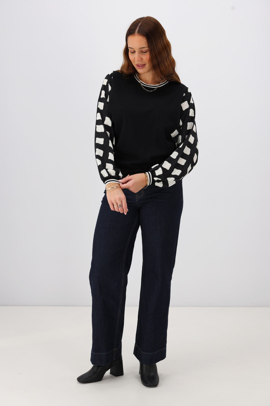Label Talina Knit Top With Woven Sleeve Black