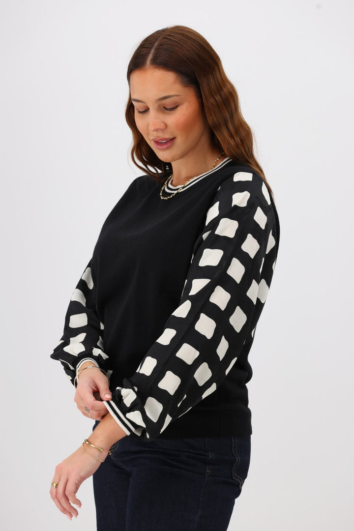 Label Talina Knit Top With Woven Sleeve Black