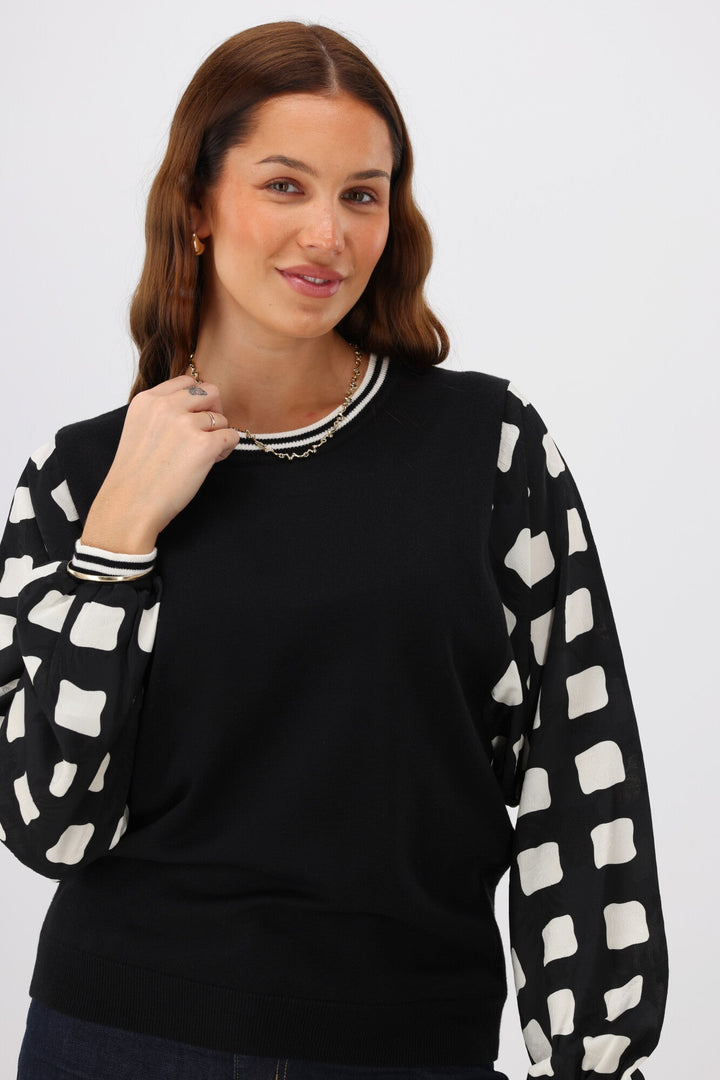 Label Talina Knit Top With Woven Sleeve Black