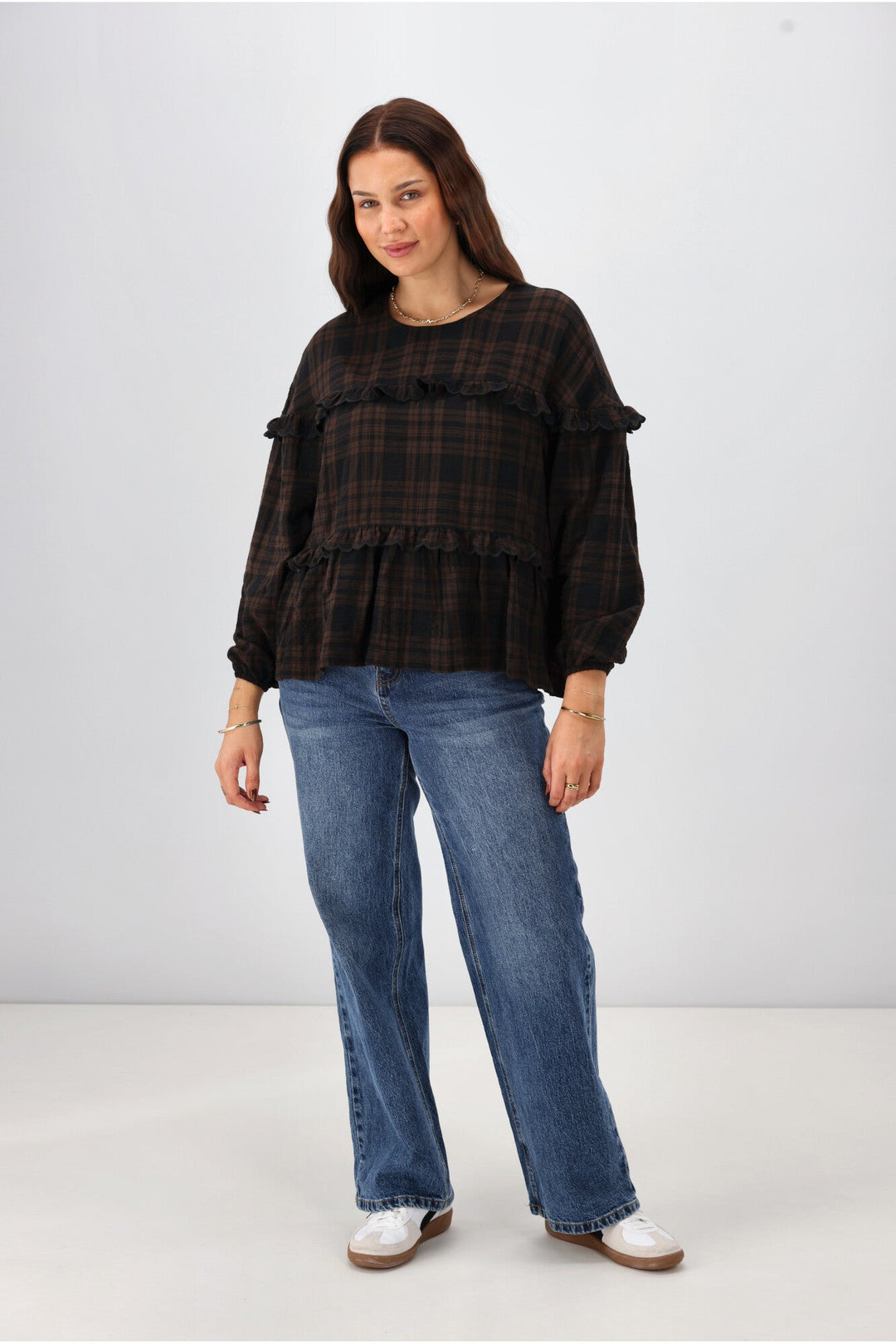 Label Teydey Ruffle Top Chocolate Check