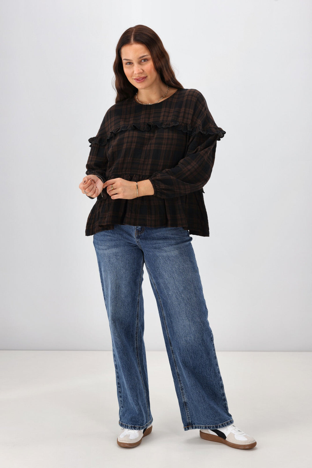 Label Teydey Ruffle Top Chocolate Check