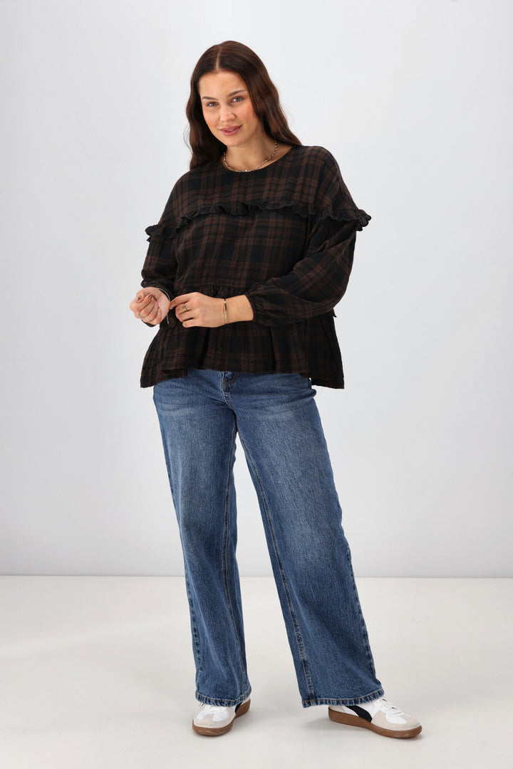 Label Teydey Ruffle Top Chocolate Check