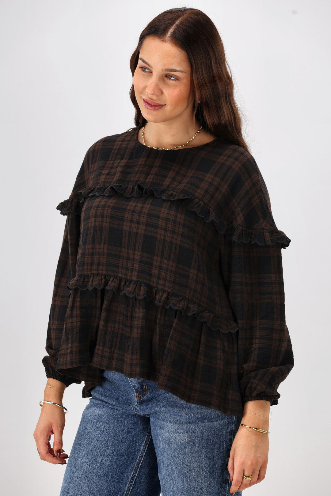 Label Teydey Ruffle Top Chocolate Check