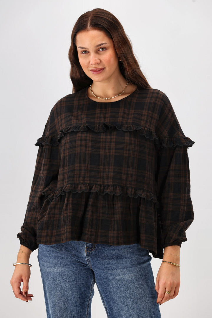 Label Teydey Ruffle Top Chocolate Check